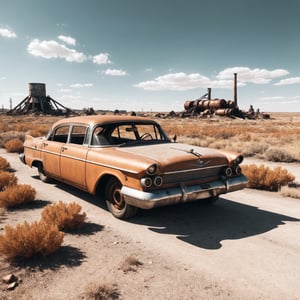 proffesional photo of a Fallout landscape, post nuclear landscape with rusty car.