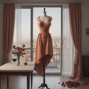 realistic photo of fashion dummy dress form wearing a soft muted orange-red dress; dress form is centered in the image and facing forward toward the camera; dress form is on a pole stand; dress form is standing in a luxury apartment with beautiful furnishings with a long empty dining table in the background; one single vase of dried dead roses on table; empty wine bottle on table; large window on side of photo has long beautiful curtains and the view outside is dark night sky


