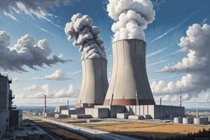 Scenery after the end of the world, nuclear power plants, gray blue sky, clear brushstrokes, masterpieces, rich details, wide-angle overhead shots, artistic style of Rella Kinoko

