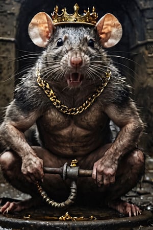 digital art 8k,  a ripped,  muscluar, full body shot, rabid rat sitting on a golden toilet in a dark damp sewer,  wearing a crown,  the rat king is holding a large sledge hammer over its shoulder. The rat king should have scars,  wounds from battle,  war tattoos,  gold chains around his neck. The rat king should have ((text "kingrat_" text)) tattooed on his arm.((text "2024" text)) text logo should be tattooed on his other arm. The rat king should have rat feet. ,long sharp talons,matted fur,1 long thin tail,evil looking,long nose,drooling blood,mouth streched wide open,screaming,high quality

The rat king should look aggressive and defiantly at the viewer.