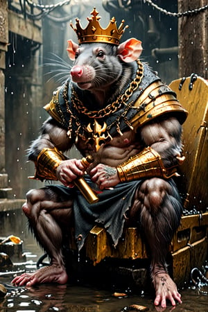 digital art 8k,  a ripped,  muscluar,  humanoid rat sitting on a golden toilet in a dark damp sewer,  wearing a crown, the rat king is holding a large sledge hammer over its shoulder. The rat king should have scars, wounds from battle, war tattoos, gold chains around his neck. The rat king should have ((text "kingrat_" text)) tattooed on his arm.((text "2024" text)) text logo should be tattooed on his other arm. The rat king should have rat feet.

The rat king should look aggressive and defiantly at the viewer.