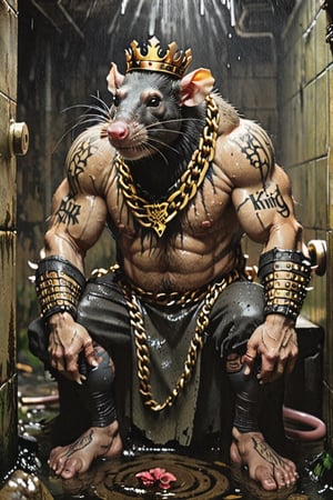 digital art 8k,  a ripped,  muscluar,  humanoid rat sitting on a toilet in a dark damp sewer,  wearing a crown, the rat king is weilding a large sledge hammer over its shoulder. The rat king should have scars, wounds from battle, war tattoos, gold chains around his neck. The rat king should have ((text "kingrat_" text)) tattooed on his arm.((text "2024" text)) text logo should be tattooed on his other arm. The rat king should have rat feet.

The rat king should look aggressive and defiant.,band_bodysuit,Movie Still,Text, 
