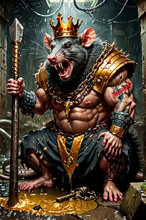 digital art 8k,  a ripped,  muscluar,  full body shot,  rabid rat sitting on a golden toilet in a dark damp sewer,  wearing a crown,  the rat king is holding a large sledge hammer over its shoulder. The rat king should have scars,  wounds from battle,  war tattoos,  gold chains around his neck. The rat king should have ((text "kingrat_" text)) tattooed on his arm.((text "2024" text)) text logo should be tattooed on his other arm. The rat king should have rat feet. , long sharp talons, matted fur, 1 long thin tail, evil looking, long nose, drooling blood, mouth streched wide open, screaming, high quality

The rat king should look aggressive and defiantly at the viewer.