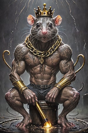 digital art 8k,  a ripped,  muscluar,  humanoid rat sitting on a golden toilet in a dark damp sewer,  wearing a crown,  the rat king is holding a large sledge hammer over its shoulder. The rat king should have scars,  wounds from battle,  war tattoos,  gold chains around his neck. The rat king should have ((text "kingrat_" text)) tattooed on his arm.((text "2024" text)) text logo should be tattooed on his other arm. The rat king should have rat feet.

The rat king should look aggressive and defiantly at the viewer.
resolution,FFIXBG,Circle,monster,DonMF43XL,cyborg style