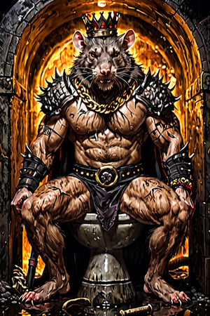 digital art 8k,  a ripped,  muscluar, full body shot, rabid rat sitting on a golden toilet in a dark damp sewer,  wearing a crown,  the rat king is holding a large sledge hammer over its shoulder. The rat king should have scars,  wounds from battle,  war tattoos,  gold chains around his neck. The rat king should have ((text "kingrat_" text)) tattooed on his arm.((text "2024" text)) text logo should be tattooed on his other arm. The rat king should have rat feet. ,long sharp talons,matted fur,1 long thin tail,evil looking,long nose,drooling blood,mouth streched wide open,screaming,high quality,high resolution,FFIXBG,Circle,monster,DonMF43XL,cyborg style

The rat king should look aggressive and defiantly at the viewer.
resolution,Ukiyo-e