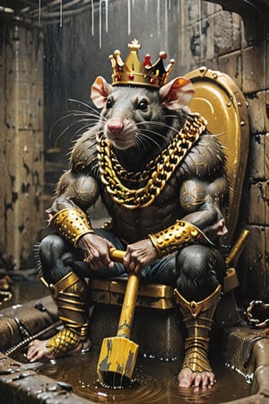 digital art 8k,  a ripped,  muscluar,  humanoid rat sitting on a golden toilet in a dark damp sewer,  wearing a crown, the rat king is holding a large sledge hammer over its shoulder. The rat king should have scars, wounds from battle, war tattoos, gold chains around his neck. The rat king should have ((text "kingrat_" text)) tattooed on his arm.((text "2024" text)) text logo should be tattooed on his other arm. The rat king should have rat feet.

The rat king should look aggressive and defiant.,band_bodysuit,Movie Still,Text, 