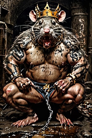 digital art 8k,  a ripped,  muscluar, full body shot, rabid rat sitting on a golden toilet in a dark damp sewer,  wearing a crown,  the rat king is holding a large sledge hammer over its shoulder. The rat king should have scars,  wounds from battle,  war tattoos,  gold chains around his neck. The rat king should have ((text "kingrat_" text)) tattooed on his arm.((text "2024" text)) text logo should be tattooed on his other arm. The rat king should have rat feet. ,long sharp talons,matted fur,1 long thin tail,evil looking,long nose,drooling blood,mouth streched wide open,screaming,high quality,high resolution,FFIXBG,Circle,monster,DonMF43XL,cyborg style

The rat king should look aggressive and defiantly at the viewer.
resolution,Ukiyo-e,photorealistic