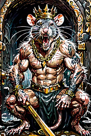 digital art 8k,  a ripped,  muscluar, full body shot, rabid rat sitting on a golden toilet in a dark damp sewer,  wearing a crown,  the rat king is holding a large sledge hammer over its shoulder. The rat king should have scars,  wounds from battle,  war tattoos,  gold chains around his neck. The rat king should have ((text "kingrat_" text)) tattooed on his arm.((text "2024" text)) text logo should be tattooed on his other arm. The rat king should have rat feet. ,long sharp talons,matted fur,1 long thin tail,evil looking,long nose,drooling blood,mouth streched wide open,screaming,high quality

The rat king should look aggressive and defiantly at the viewer.