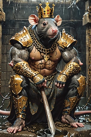 digital art 8k,  a ripped,  muscluar,  humanoid rat sitting on a golden toilet in a dark damp sewer,  wearing a crown, the rat king is weilding a large sledge hammer over its shoulder. The rat king should have scars, wounds from battle, war tattoos, gold chains around his neck. The rat king should have "kingrat_" text logo tattooed on his arm. "2024" text logo should be tattooed on his other arm.

The rat king should look aggressive and defiant.,band_bodysuit,Movie Still,Text,newhorrorfantasy_style,Ukiyo-e,DonMN1gh7D3m0nXL