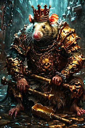 digital art 8k,  a ripped,  muscluar,  humanoid rat sitting on a golden toilet in a dark damp sewer,  wearing a crown, the rat king is holding a large sledge hammer over its shoulder. The rat king should have scars, wounds from battle, war tattoos, gold chains around his neck. The rat king should have ((text "kingrat_" text)) tattooed on his arm.((text "2024" text)) text logo should be tattooed on his other arm. The rat king should have rat feet.

The rat king should look aggressive and defiantly at the viewer.,Zombie