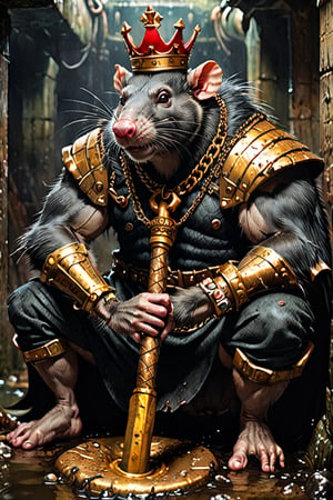 digital art 8k,  a ripped,  muscluar,  full body shot,  rabid rat sitting on a golden toilet in a dark damp sewer,  wearing a crown,  the rat king is holding a large sledge hammer over its shoulder. The rat king should have scars,  wounds from battle,  war tattoos,  gold chains around his neck. The rat king should have ((text "kingrat_" text)) tattooed on his arm.((text "2024" text)) text logo should be tattooed on his other arm. The rat king should have rat feet. , long sharp talons, matted fur, 1 long thin tail, evil looking, long nose

The rat king should look aggressive and defiantly at the viewer.