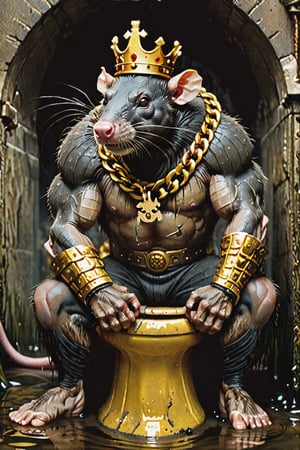 digital art 8k,  a ripped,  muscluar,  humanoid rat sitting on a golden toilet in a dark damp sewer,  wearing a crown, the rat king is weilding a large sledge hammer over its shoulder. The rat king should have scars, wounds from battle, war tattoos, gold chains around his neck. The rat king should have ((text "kingrat_" text)) tattooed on his arm.((text "2024" text)) text logo should be tattooed on his other arm. The rat king should have rat feet.

The rat king should look aggressive and defiant.,band_bodysuit,Movie Still,Text, 