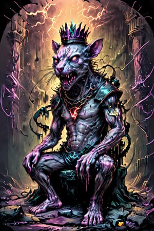 digital art 8k,  a ripped,  muscluar,  rodney matthews style,full body shot,, sinewey rabid rat sitting on a golden toilet in a dark damp sewer,  wearing a crown,  the rat king is holding a large sledge hammer over its shoulder. The rat king should have scars,  wounds from battle,  war tattoos,  gold chains around his neck. The rat king should have ((text "kingrat_" text)) tattooed on his arm.((text "2024" text)) text logo should be tattooed on his other arm. The rat king should have rat feet. ,long sharp talons,matted fur,1 long thin tail,evil looking,long nose,drooling blood,mouth streched wide open,screaming,high quality,high resolution,FFIXBG,Circle,monster,DonMF43XL,cyborg style

The rat king should look aggressive and defiantly at the viewer.
resolution