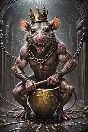 digital art 8k,  a ripped,  muscluar,  rodney matthews style,full body shot,, sinewey rabid rat sitting on a golden toilet in a dark damp sewer,  wearing a crown,  the rat king is holding a large sledge hammer over its shoulder. The rat king should have scars,  wounds from battle,  war tattoos,  gold chains around his neck. The rat king should have ((text "kingrat_" text)) tattooed on his arm.((text "2024" text)) text logo should be tattooed on his other arm. The rat king should have rat feet. ,long sharp talons,matted fur,1 long thin tail,evil looking,long nose,drooling blood,mouth streched wide open,screaming,high quality,high resolution,FFIXBG,Circle,monster,DonMF43XL,cyborg style

The rat king should look aggressive and defiantly at the viewer.
resolution