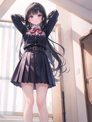 1girl, solo, long hair, looking at viewer, bangs, skirt, shirt, black hair, long sleeves, standing, pleated skirt, belt, indoors, blunt bangs, arms up, feet out of frame, polka dot, arms behind head, realistic