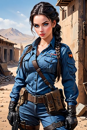 A captivating image of a strikingly beautiful woman, portrayed as a confident soldier. Her piercing blue eyes and full lips convey allure, while her long dark brown hair is neatly braided, adorned with strong highlights. She is dressed in cargo pants and combat boots, equipped with various weapons and wearing black gloves. The full-body depiction showcases her in tactical gear, exuding strength and resilience. This high-quality image, whether a painting or a photograph, captures her allure and formidable presence, immersing viewers in her captivating portrayal. She wears a serious, stern, cold expression. Glaring eyes, furrowed eyebrows.