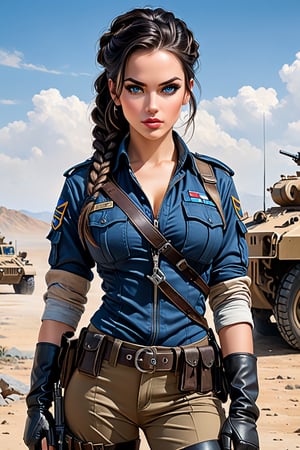 A captivating image of a strikingly beautiful woman, portrayed as a confident soldier. Her piercing blue eyes and full lips convey allure, while her long dark brown hair is neatly braided, adorned with strong highlights. She is dressed in cargo pants and combat boots, equipped with various weapons and wearing black gloves. The full-body depiction showcases her in tactical gear, exuding strength and resilience. This high-quality image, whether a painting or a photograph, captures her allure and formidable presence, immersing viewers in her captivating portrayal. She wears a serious, stern, cold expression. Glaring eyes, furrowed eyebrows.