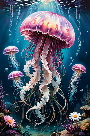 (((photographic, photo, photogenic))), extremely high quality high detail RAW color photo, Lovecraftian cybernetic horror, drowning in fear and catharsis of harrowing vitriol, back view of jellyfish, watercolor style, realistic, blue, pink, purple, the white daisies painting by Peter Bramley, moody tonalism, Dutch seascapes, soft atmospheric scenes, beautifully textured brushstrokes, prairiecore, Hudson River School, unprimed canvas, eerie underwater setting, dark ocean depths, bioluminescent glow, tangled mechanical tentacles, hauntingly serene, surreal composition, ethereal ambiance, otherworldly textures