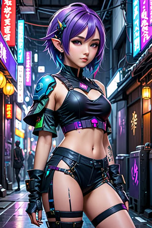 Ultra realistic, Japanese elf, young beautiful cut girl, with short wild purple and blue hair, wearing cyberpunk grunge clothes, relaxed pose, full body picture