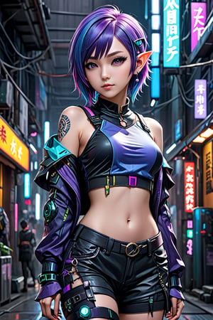 Ultra realistic, Japanese elf, young beautiful cut girl, with short wild purple and blue hair, wearing cyberpunk grunge clothes, relaxed pose, full body picture