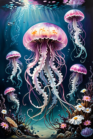 (((photographic, photo, photogenic))), extremely high quality high detail RAW color photo, Lovecraftian cybernetic horror, drowning in fear and catharsis of harrowing vitriol, back view of jellyfish, watercolor style, realistic, blue, pink, purple, the white daisies painting by Peter Bramley, moody tonalism, Dutch seascapes, soft atmospheric scenes, beautifully textured brushstrokes, prairiecore, Hudson River School, unprimed canvas, eerie underwater setting, dark ocean depths, bioluminescent glow, tangled mechanical tentacles, hauntingly serene, surreal composition, ethereal ambiance, otherworldly textures