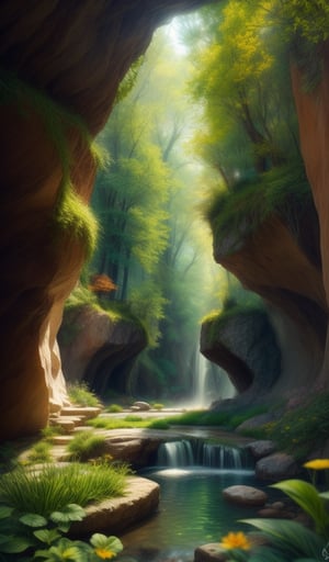 landscape masterpiece, best quality, high quality,Very detailed CG unity 8k wallpaper, Charming dreamy scene of dreamy forest, There are towering trees, Cave and hidden fairy 

canyon, Create a sense of mystery and enchantment, art station, complex, trend, Award-winning photography, Bokeh, depth of field, high dynamic range, bloom, Color 

difference ,lifelike,Very detailed, trend on art station, trend on CGsociety, complex, high detail, dramatic, midway art,Mysticstyle