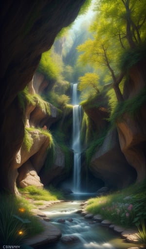 landscape masterpiece, best quality, high quality,Very detailed CG unity 8k wallpaper, Charming dreamy scene of dreamy forest, There are towering trees, Cave and hidden fairy 

canyon, Create a sense of mystery and enchantment, art station, complex, trend, Award-winning photography, Bokeh, depth of field, high dynamic range, bloom, Color 

difference ,lifelike,Very detailed, trend on art station, trend on CGsociety, complex, high detail, dramatic, midway art,Mysticstyle