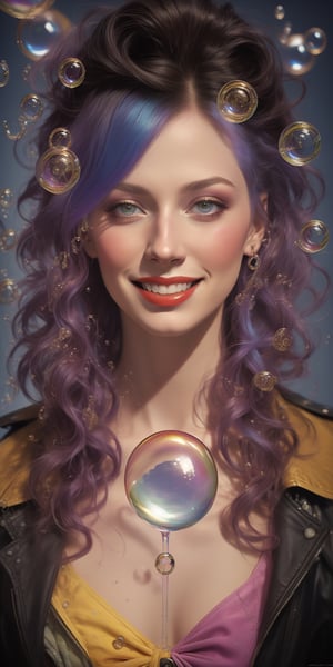 samdoesarts style drunken beautiful woman as delirium from sandman, (hallucinating colorful soap bubbles), smiling, by jeremy mann, by sandra chevrier, by dave mckean and richard avedon and maciej kuciara, punk rock, tank girl, high detailed, cowboy shot, 8k, lots of bubbles

,midjourney,bubble