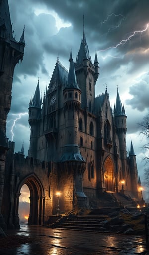 (Cinematic 8k high quality photo, intricate details:1.2), a fortress of evil, shunned by the living, set in a dark and stormy night, eerie atmosphere, ominous clouds with flashes of lightning illuminating the scene, gothic architecture with menacing spires and towers, detailed stone textures, surrounding landscape of twisted, barren trees, thunderbolts splitting the sky, shadows casting haunting shapes, capturing a sense of dread and foreboding
,more detail XL,concept art,nodf_lora