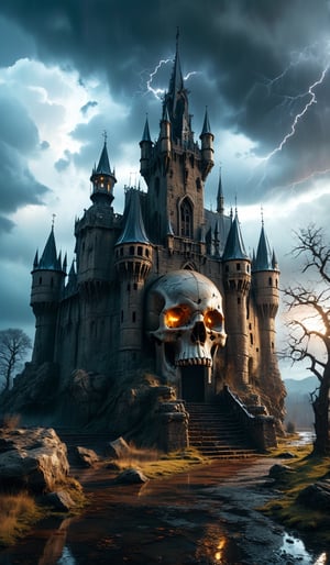 (Cinematic 8k high quality photo, intricate details:1.2), a fortress shaped like a skull, set in a dark and stormy night, eerie atmosphere, ominous clouds with flashes of lightning illuminating the scene, gothic architecture with menacing spires and towers, detailed stone textures, eerie glowing eyes in the skull, surrounding landscape of twisted, barren trees, thunderbolts splitting the sky, shadows casting haunting shapes, capturing a sense of dread and foreboding
,more detail XL,concept art,nodf_lora