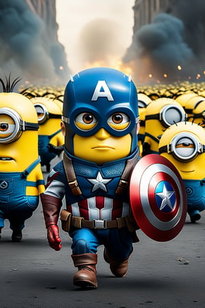 Create a picture of Captain America as a minion, holding a tiny shield adorned with a smiley face, leading a troop of other minions in a heroic adventure.,photo r3al