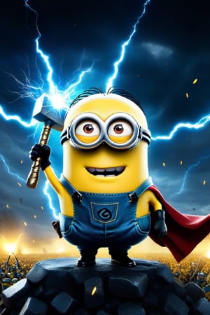 Generate an image of minion Thor with a tiny Mjolnir, summoning sparks and lightning bolts, surrounded by minions in awe of his power.