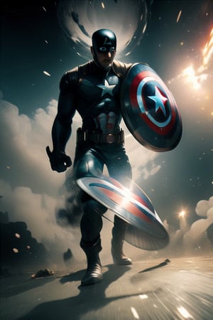 Animate Captain America throwing his shield. Illustrate the shield spinning through the air, ricocheting off surfaces, and returning to his hand. Experiment with perspective to capture the shield's dynamic movement.