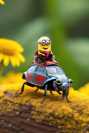 Create a picture of minion Ant-Man and Wasp riding on the back of a friendly beetle, exploring the world from a miniature perspective, with other minions in awe.