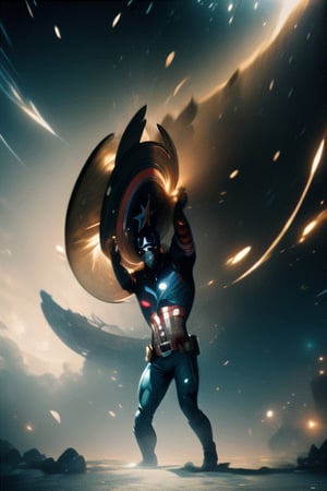 Animate Captain America throwing his shield. Illustrate the shield spinning through the air, ricocheting off surfaces, and returning to his hand. Experiment with perspective to capture the shield's dynamic movement.