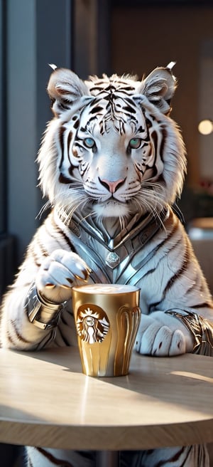 humanoid,white baby tiger , holding a large size cup at coffee in Starbucks ,Intrigued, elegant  costume, detailed, perfect body, colored, ((a paw holding a glass)), a paw on table, looking_at_viewer, big body, silky bristles, (hold chopstiks), Close-up shot. Action camera. Portrait film. Standard lens.  Soft natural light.
sharp focus, 8k, UHD, high quality, frowning, intricate detailed, highly detailed, hyper-realistic,beautymix