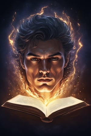 A graphic illustration of a magic book with a male face rising from it, detailed, magic energy, hyperrealism, digital art, Mysterious