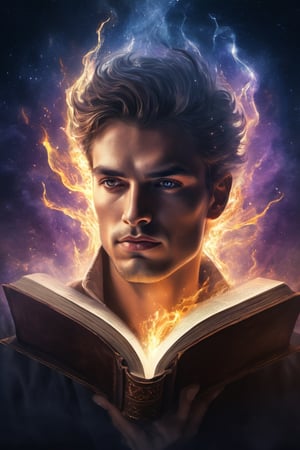 A graphic illustration of a magic book with a male face rising from it, detailed, magic energy, hyperrealism, digital art, Mysterious