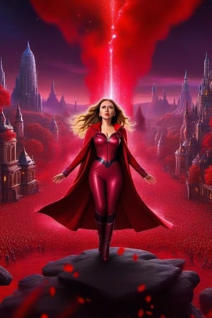 Illustrate minion Scarlet Witch casting colorful spells and creating mesmerizing illusions, surrounded by curious minions experiencing her magic.,scarlett johansson