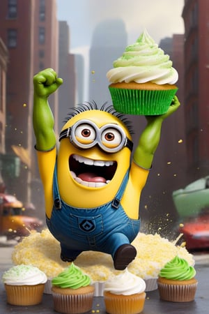 Illustrate a minion Hulk roaring with laughter, flexing his tiny muscles, and playfully smashing cupcakes instead of buildings, with icing flying everywhere.