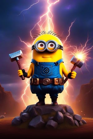 Generate an image of minion Thor with a tiny Mjolnir, summoning sparks and lightning bolts, surrounded by minions in awe of his power.,aw0k euphoric style,detailmaster2