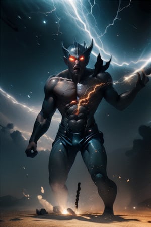 Create an animation of Thor summoning lightning with Mjolnir. Show lightning bolts charging around him before he strikes the ground, generating a powerful shockwave. Play with dynamic lighting effects and shadows for dramatic impact.