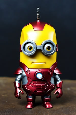 Generate an image of Iron Man in a minion costume, complete with goggles and overalls, building a miniature Iron Man suit in a playful and mischievous manner.