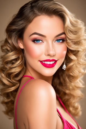 (best quality,highres),sexy woman,cute smile,detailed eyes,detailed lips,loose wavy hair,rosy cheeks,flawless skin,vibrant personality,alluring gaze,pin-up style makeup,stunning beauty,feminine charm,radiant smile,sultry expression,confident posture,portrait,soft lighting,vivid colors