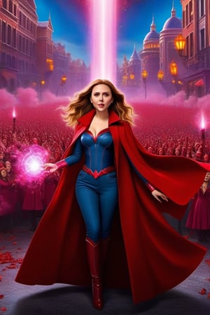 Illustrate minion Scarlet Witch casting colorful spells and creating mesmerizing illusions, surrounded by curious minions experiencing her magic.,scarlett johansson
