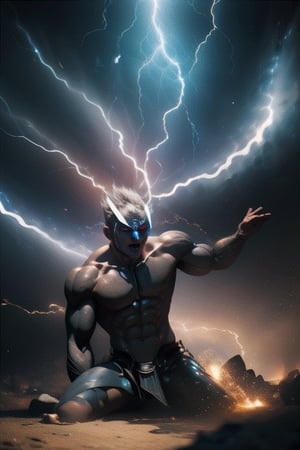 Create an animation of Thor summoning lightning with Mjolnir. Show lightning bolts charging around him before he strikes the ground, generating a powerful shockwave. Play with dynamic lighting effects and shadows for dramatic impact.