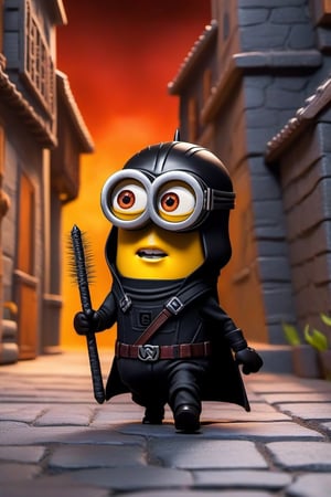 Create a picture of minion Black Widow in stealth mode, wearing a black ninja outfit and sneaking around, while other minions watch in amazement.