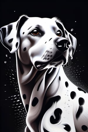 Canine Cascade, Mesmerizing liquid portrait, capturing the dynamic charge of a cute Dalmatian. A symphony of black and white, each splash paints a muscle's movement, rendering the dog in a fantastical splash style. The canine, made of gooey, slime-like paint, seems to melt, clash, and reform against a complex, dark backdrop. The art is a fusion of digital precision and the rich texture of oil on canvas, offering intricate details in both 4k and 8k resolutions. Masterpiece, infused with fairy tale whimsy and dramatic flair, showcases an expert's touch in every droplet and streak., Mysterious