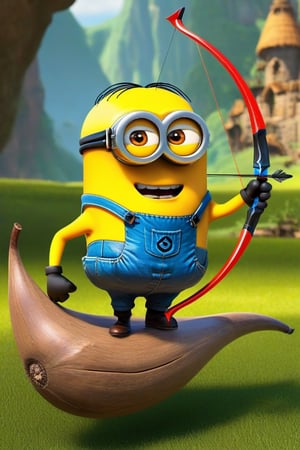 Generate an image of minion Hawkeye showing off his archery skills, using a small bow and arrows to hit targets while balancing on a banana peel.
