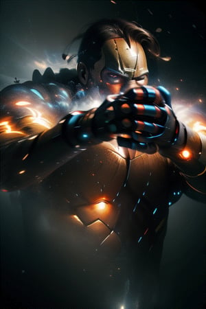 Animate Iron Man's hand transforming into a repulsor cannon, charging up, and then firing a powerful energy blast. Experiment with different angles and color variations to depict the intensity of the blast.